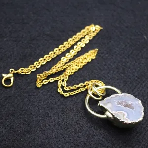Handmade natural agate geode slice pendant necklace with a long gold-plated chain