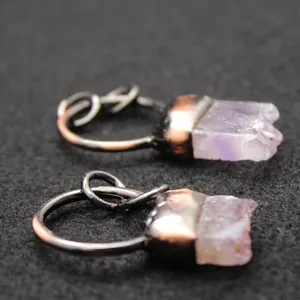 Natural raw amethyst crystal point pendant necklace with unique dark metallic cap