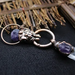 Antique copper bull head pendant necklace with amethyst and quartz crystal point.