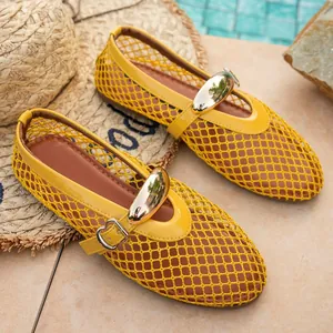 Summer chic yellow mesh hollow-out Mary Jane flats with decorative gold hardware