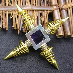 Unique golden spring crystal pyramid ornament with purple amethyst stone center