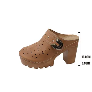 Vintage tan platform mules with 10cm chunky high heel and hollow floral pattern