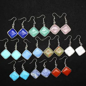 Boucles d'Oreilles à Crochet en Pierre Naturelle Rhombique Style Ins Alliage Pierre Gemme Turquoise Améthyste Aventurine Obsidienne Quartz Bijoux pour Femmes