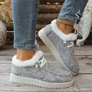 Damen Winter Warm Plüsch Hausschuhe Mode Flache Runde Zehe Slip-on Baumwollschuhe Outdoor Indoor Rutschfest Kunstfell Gefüttert Loafers