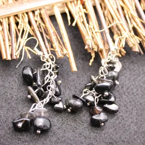 Handmade bohemian style black natural crystal chip tassel drop earrings for women