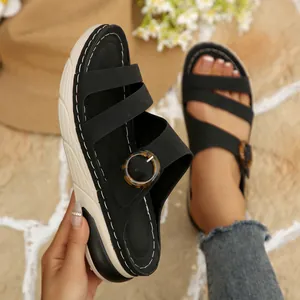 Casual black wedge slippers for women with white stitching and decorative buckle