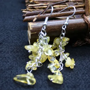 Handmade natural citrine chip gravel dangle earrings with silver hooks for women