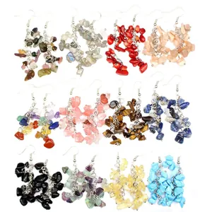 Bohemian handmade crystal chip tassel earrings with various natural stones in a colorful collection
