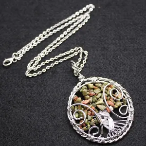 Tree of life necklace with natural crushed green stone pendant in silver wire wrap