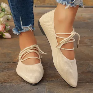 Détail de ballerines plates beiges en maille à bout pointu avec rubans de laçage élégants