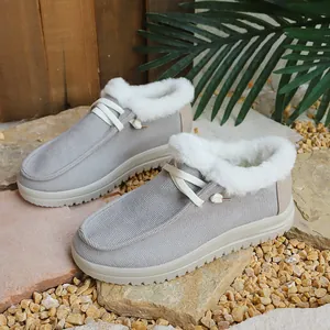 Detailed view of grey winter snow boots with white faux fur lining and round toe.