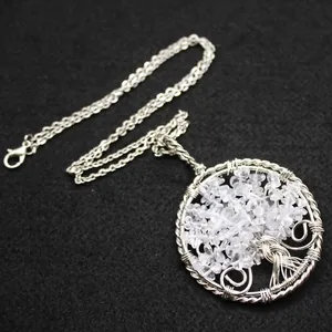 Handmade Tree of Life necklace featuring natural white crystal chips in silver wire