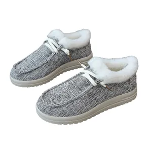 Grau melierte Baumwoll-Loafer für Damen mit weißem Kunstfellfutter und flacher Sohle
