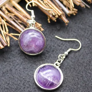 Elegant circular purple amethyst drop earrings with silver hooks for daily wear