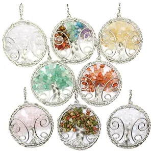 Handmade tree of life pendants with various natural crushed crystal gemstones jewelry