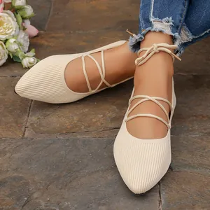 Gros plan de ballerines en tricot beige à bout pointu avec lacets élégants pour femmes
