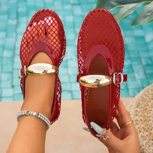 Chic red fishnet mesh hollow-out flat shoes with metallic gold buckle strap detail
