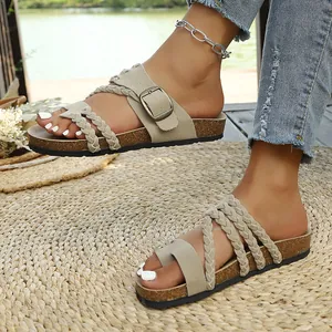 Vintage Damen Sandalen in Beige mit geflochtenen Riemen, Korksohle und edler Schnalle