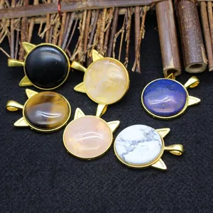 Mode 24K Vergoldete Legierung Katze Form Anhänger Naturstein Charms Rosenquarz Tigerauge Lapislazuli Schmuckherstellung Damen