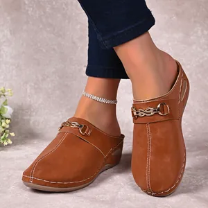 Close-up of stylish brown wedge mules featuring gold chain detail and white stitching.