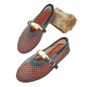 Stylish teal mesh hollow out flat sandals with gold buckle and closed toe design