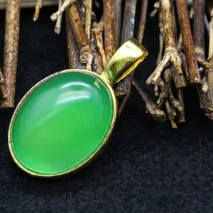 Minimalist oval green agate pendant necklace with 24k gold plated bail for women