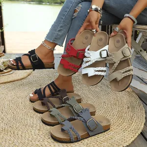 Damen Sommer Vintage Schnalle Offene Zehen Pantoletten PU Geflochtene Riemen Lässige Flache Strandsandalen Softsohle Schuhe