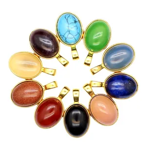 Collection of small oval natural gemstone pendants with 24k gold plated metal frames