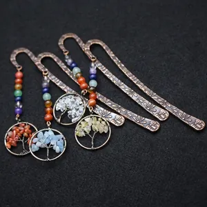 Vintage Bronze Alloy Bookmark Tree of Life Pendant With Natural Crystal Chips Chakra Beads Butterfly Floral Stationery Gift