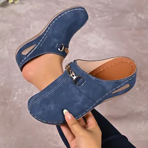 Close-up detail of stylish blue suede platform clogs featuring a gold chain buckle.