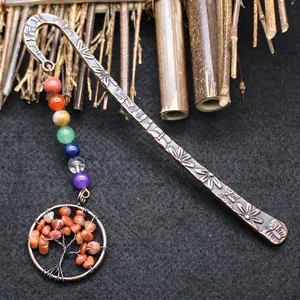 Vintage bronze metal bookmark with colorful chakra beads and garnet tree of life pendant decor
