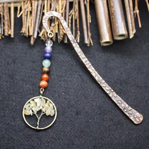 Vintage bronze metal bookmark featuring a Tree of Life crystal charm and chakra beads.