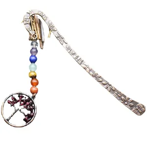 Vintage bronze metal bookmark featuring chakra stones and garnet Tree of Life pendant