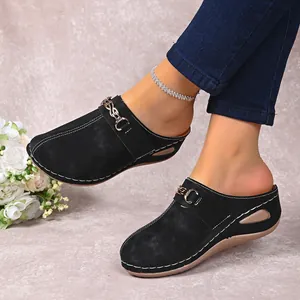 Stylish women's black wedge mules with metal buckle and white contrast stitching