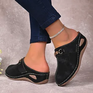 Detailed view of women's black wedge mules with golden chain and contrast stitching