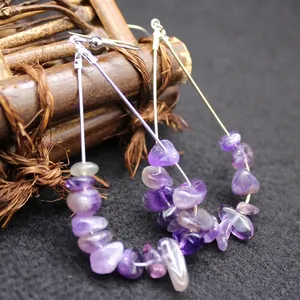 Amethyst chip stone drop hoop earrings for women with natural purple crystals