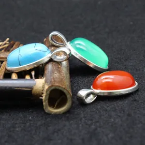 Minimalist 13x18mm oval gemstone pendants in silver-plated settings, assorted colors