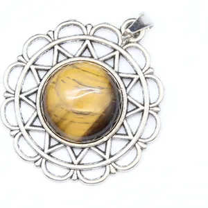 Vintage sunflower tiger eye stone pendant in antique silver finish for jewelry making