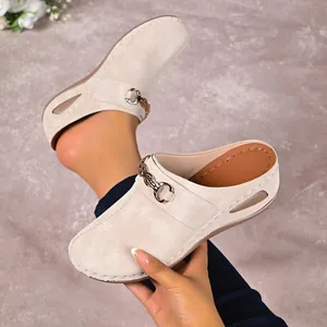 Detailed macro view of women's beige wedge clogs featuring a metallic gold chain