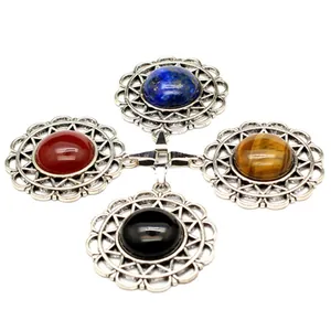Vintage sunflower pendant necklace with colorful crystal and tiger eye stones.