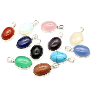 Assorted multi-color 13x18mm oval gemstone pendants with minimalist silver-tone frames
