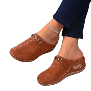 Casual brown wedge mules for women with metallic chain detail and round toe design