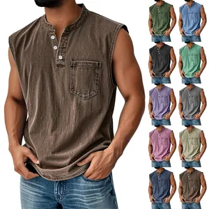 Men's Casual Sleeveless Denim T-Shirt Washed Retro Henley Neck 3-Button Vest With Chest Pocket Polyester Summer Top