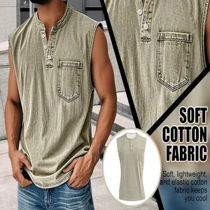 Detail showing soft cotton fabric texture of this men's casual sleeveless three-button vest.