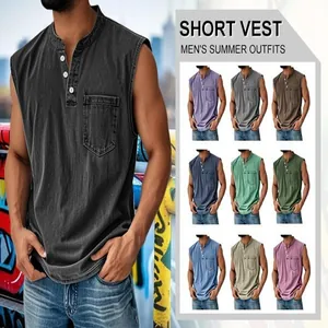 Detail view showing a variety of colors for men's three-button sleeveless denim vest