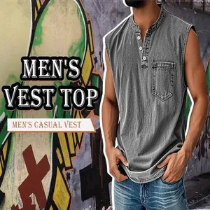 Close-up detail of grey sleeveless denim vest featuring three-button placket and pocket