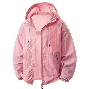 Lightweight pink hooded sun protection jacket for outdoor and summer activities.