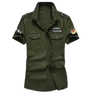 Heren Militaire Stijl Korte Mouw Katoenen Werkoverhemd Met Schouderbanden Button Down Cargo Top Voor Casual Dagelijks Gebruik