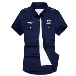 Premium heren marineblauw militair cargo overhemd met korte mouwen en geborduurde patches