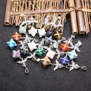 Merkaba Star Angel Wing Pendant Necklace Natural Stone Healing Crystal Alloy Retro Jewelry For Women Men Spiritual Necklace Gift